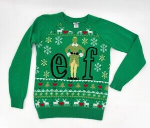 ELF Christmas Sweater Adult Unisex Large Green ELF Movie Pullover Snowflake Budd